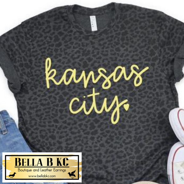 Kansas City Pastel Yellow Signature Script on LAT Black Leopard Tee