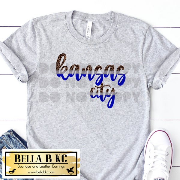 KC Baseball Kansas City Script Blue & Leopard Tee or Sweatshirt