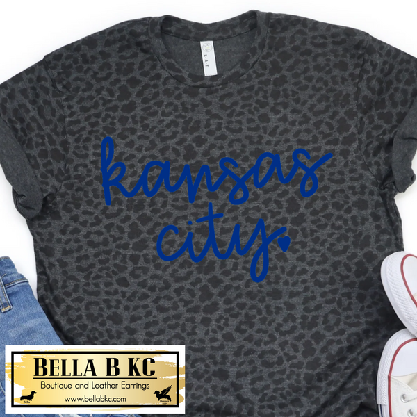 Kansas City Royal Blue Signature Script on LAT Black Leopard Tee