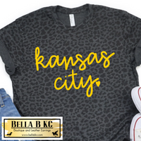 Kansas City Yellow Signature Script on LAT Black Leopard Tee