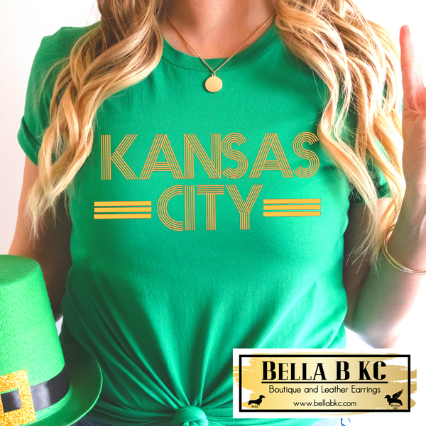 St. Patrick's Day Yellow Deco Lines Kansas City on Green Tee or Sweatshirt