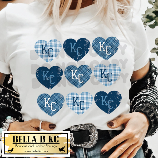 KC Baseball Blue Plaid Mixed Hearts Tee or Sweatshirt