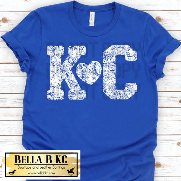 KC Baseball Grunge White KC with Heart Tee or Sweatshirt on Blue