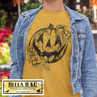 Halloween - Grunge Floral Pumpkin Black Print Tee