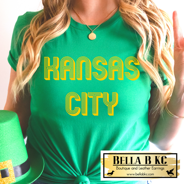 St. Patrick's Day Yellow Art Deco Kansas City on Green Tee or Sweatshirt