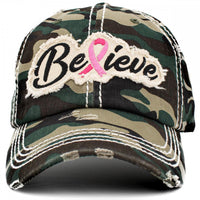 Breast Cancer Believe on Camo Distressed Hat