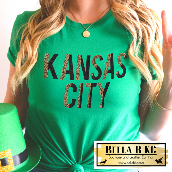 St. Patrick's Day Black Leopard Split Letters Kansas City on Green Tee or Sweatshirt