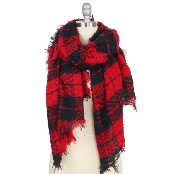Red and Black Plaid Fringe Scarf
