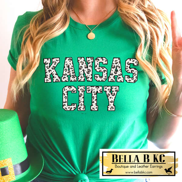 St. Patrick's Day White Leopard Letters Kansas City on Green Tee or Sweatshirt