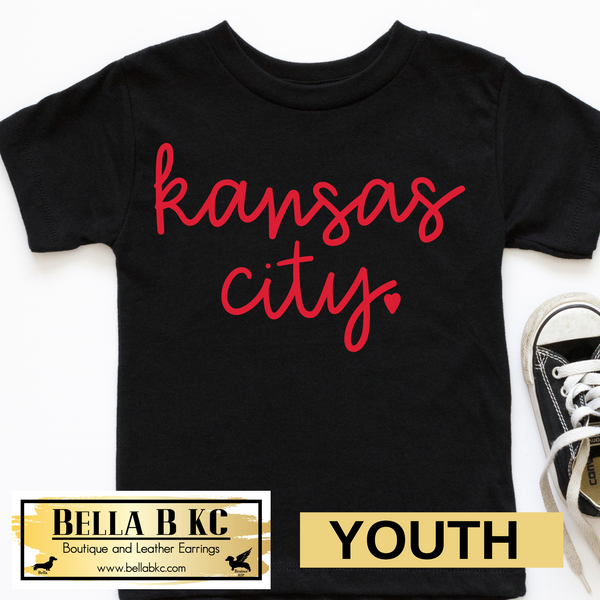 YOUTH Red Kansas City Script with Heart on Gray Tee or Sweatshirt