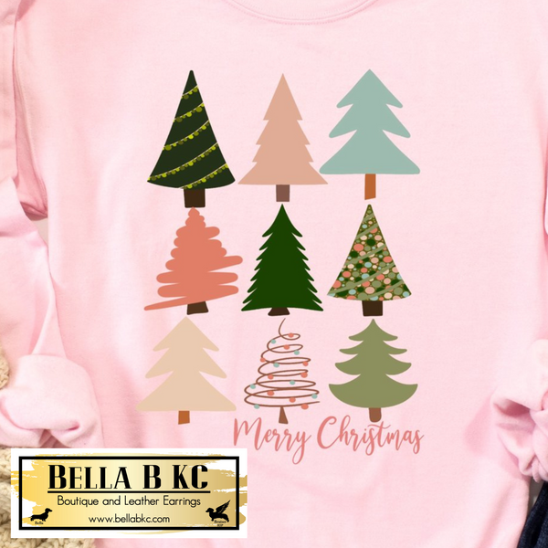 Christmas - Merry Christmas Trees on Pink Sweatshirt