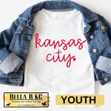 YOUTH Red Kansas City Script with Heart on Gray Tee or Sweatshirt