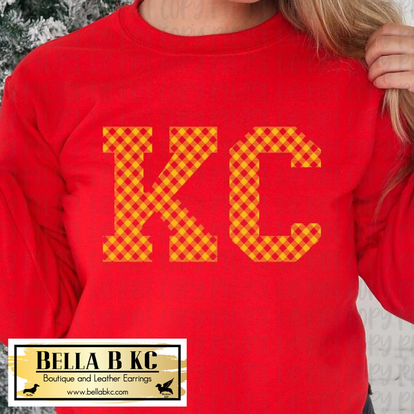 KC Football Yellow Plaid KC Tee on Red Tee or Sweatshirt