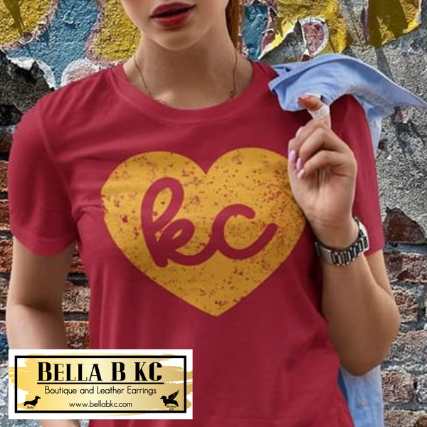 KC Football Yellow Grunge KC Script Heart on Red Tee or Sweatshirt