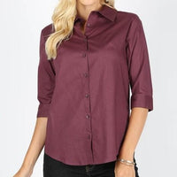 Eggplant 3/4 Sleeve Button Down Top
