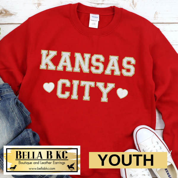 YOUTH Kansas City FAUX Chenille Letters on RED Sweatshirt