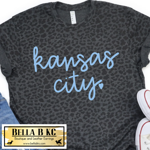 Kansas City Light Blue Signature Script on LAT Black Leopard Tee