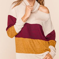 Long Sleeve Turtle Neck Shoulder Cut Out Top Mustard Wine