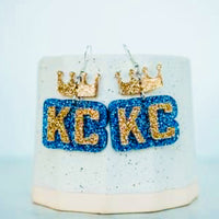 Acrylic - Blue & Gold Glitter KC Crown Double Layered Drop Dangles