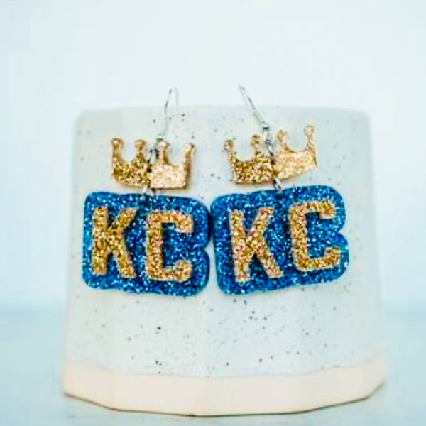 Acrylic - Blue & Gold Glitter KC Crown Double Layered Drop Dangles