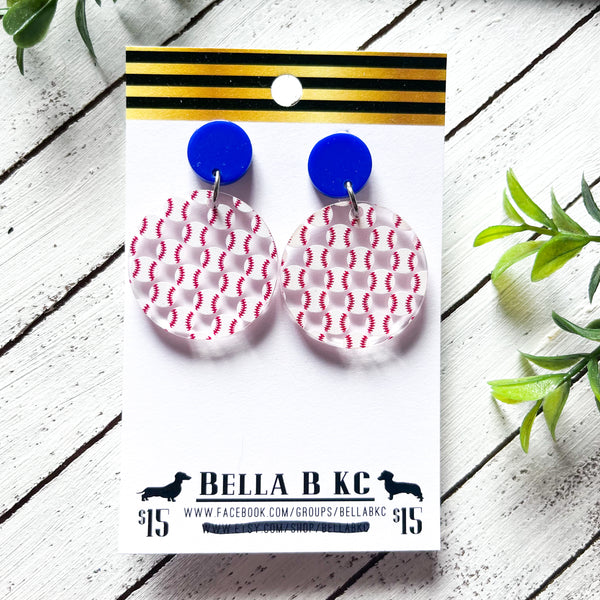 Acrylic Earrings - Round Baseball with BLUE Stud Top