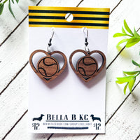 Wood Earrings - Baseball or Softball Heart on Walnut