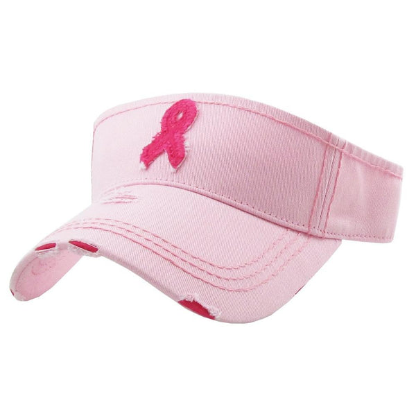 Pink Breast Cancer Embroidered Distressed Sun Visor Hat
