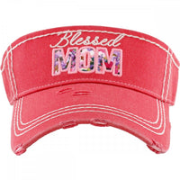 Red Blessed Mom Embroidered Distressed Sun Visor Hat