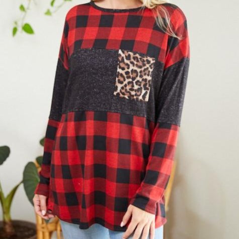 Long Sleeve Plaid with Leopard Accent Top