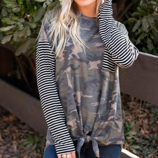 Striped Long Sleeve Camo Tie Front Top