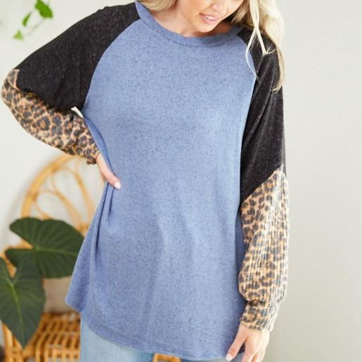 Long Sleeve Denim with Leopard and Black Accents Top