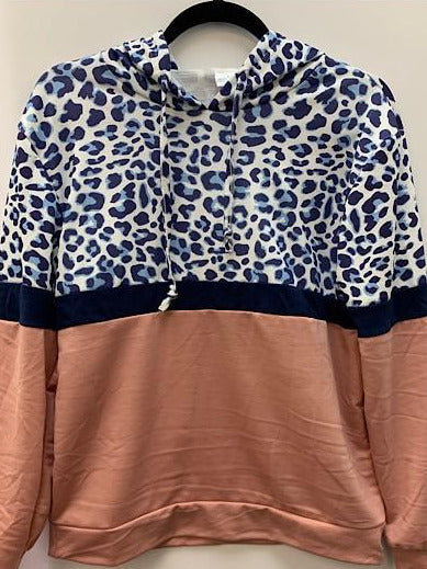Salmon & Navy and Leopard Light Weight Long Sleeve Hoodie