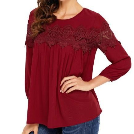 Wine Lace Detail Baby Doll Long Sleeve Top