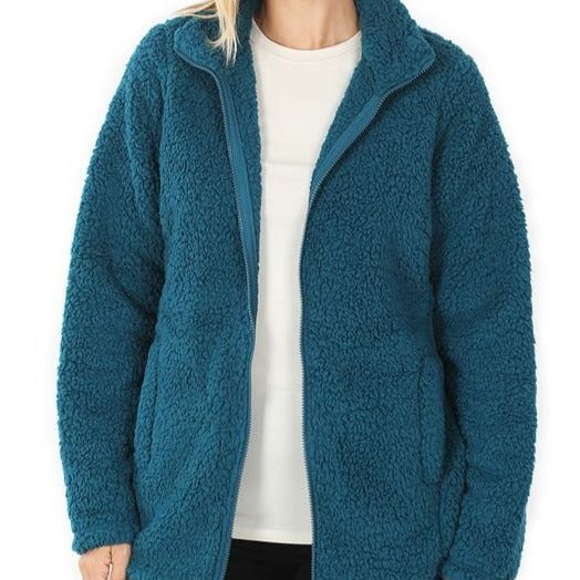 Teal Sherpa Fuzzy Soft Zip Front Jacket