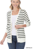 Snap Button Cardigan Ivory with Black Stripes