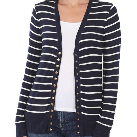 Snap Button Cardigan Navy with White Stripes