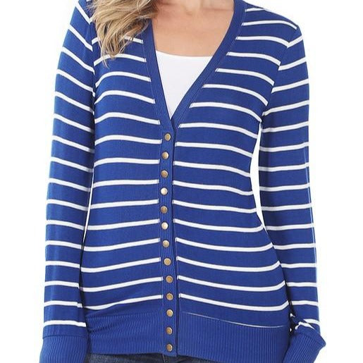 Snap Button Cardigan Blue with White Stripes