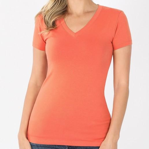 Ash Copper Fitted Cotton V-Neck Basic Tee