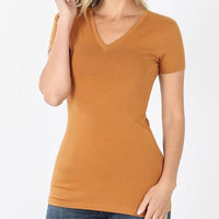 Coffee Fitted Cotton V-Neck Basic Tee