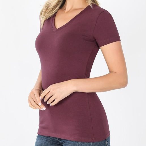 Eggplant Fitted Cotton V-Neck Basic Tee