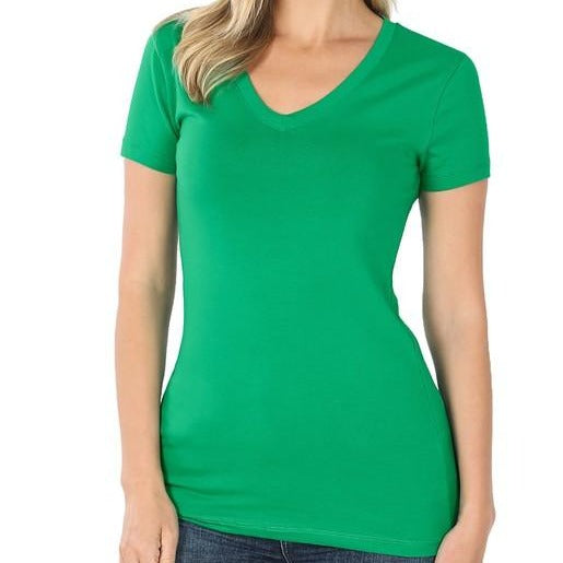Green Fitted Cotton V-Neck Basic Tee