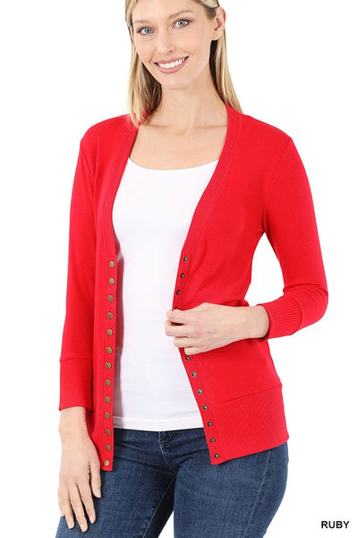3/4 Sleeve Snap Button Cardigan Red