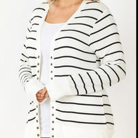 CURVY Snap Button Cardigan Ivory with Black Stripes