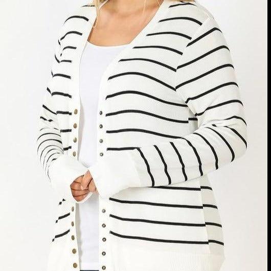 CURVY Snap Button Cardigan Ivory with Black Stripes