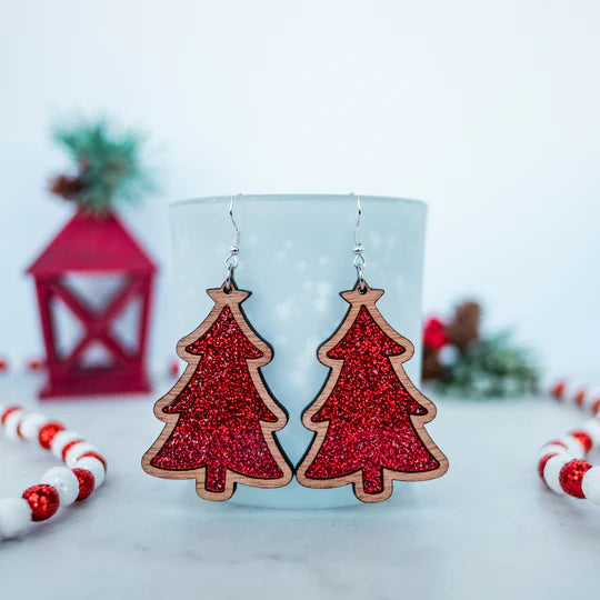 Acrylic & Wood - Red Fine Glitter Christmas Tree Inset Dangles – Bella ...