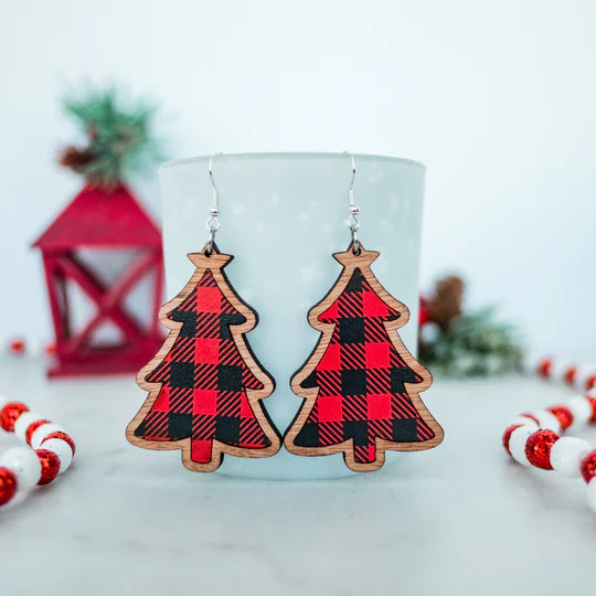 Acrylic & Wood - Red Buffalo Check Plaid Christmas Tree Inset Dangles