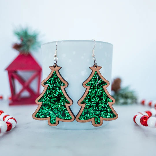 Acrylic & Wood - Green Chunky Glitter Christmas Tree Inset Dangles