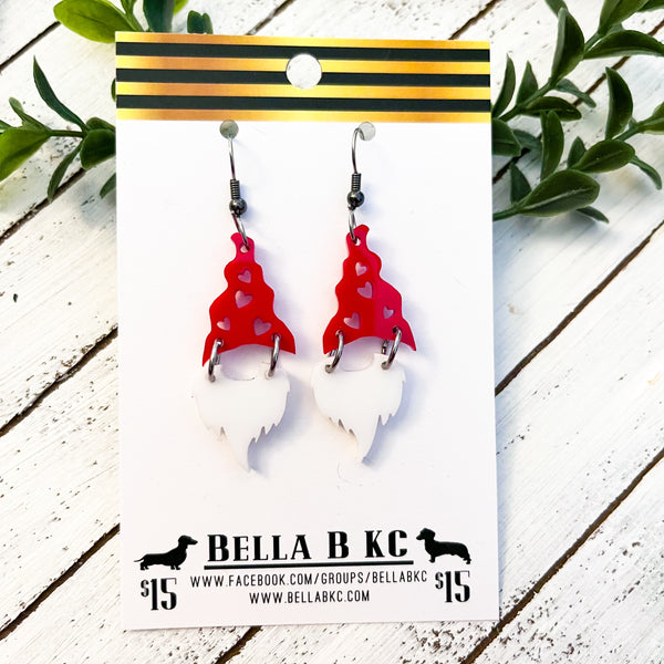 Acrylic Earrings - Valentine's Red Heart Gnome
