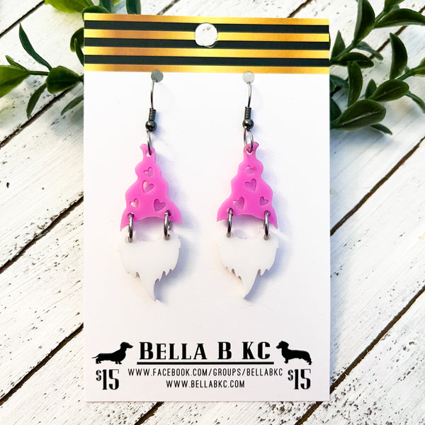 Acrylic Earrings - Valentine's Pink Heart Gnome
