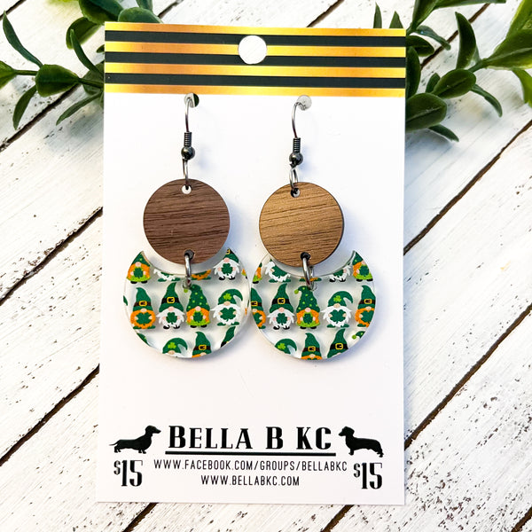 Acrylic & Wood Earrings - St. Patrick's Day Gnomes with Circle Wood Connector